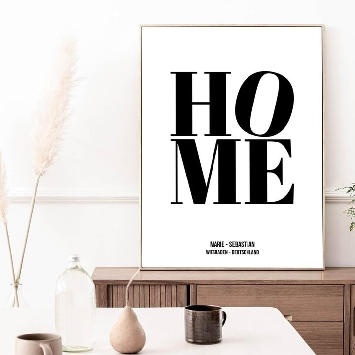 Familienposter HOME | personalisierbares Poster mit Namen, Stadt & Land | Geschenk für Paare, Familie, Jahrestag, Valentinstag, Hausbau & Richtfest