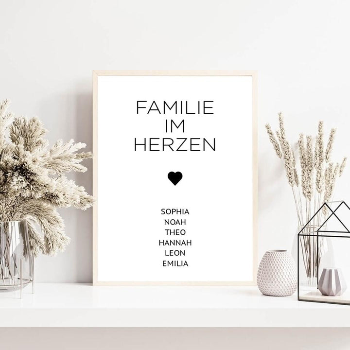 Familienposter Familie im Herzen | personalisierbares Poster mit Namen | Geschenk für Familie, Jahrestag, Valentinstag, Hausbau & Richtfest
