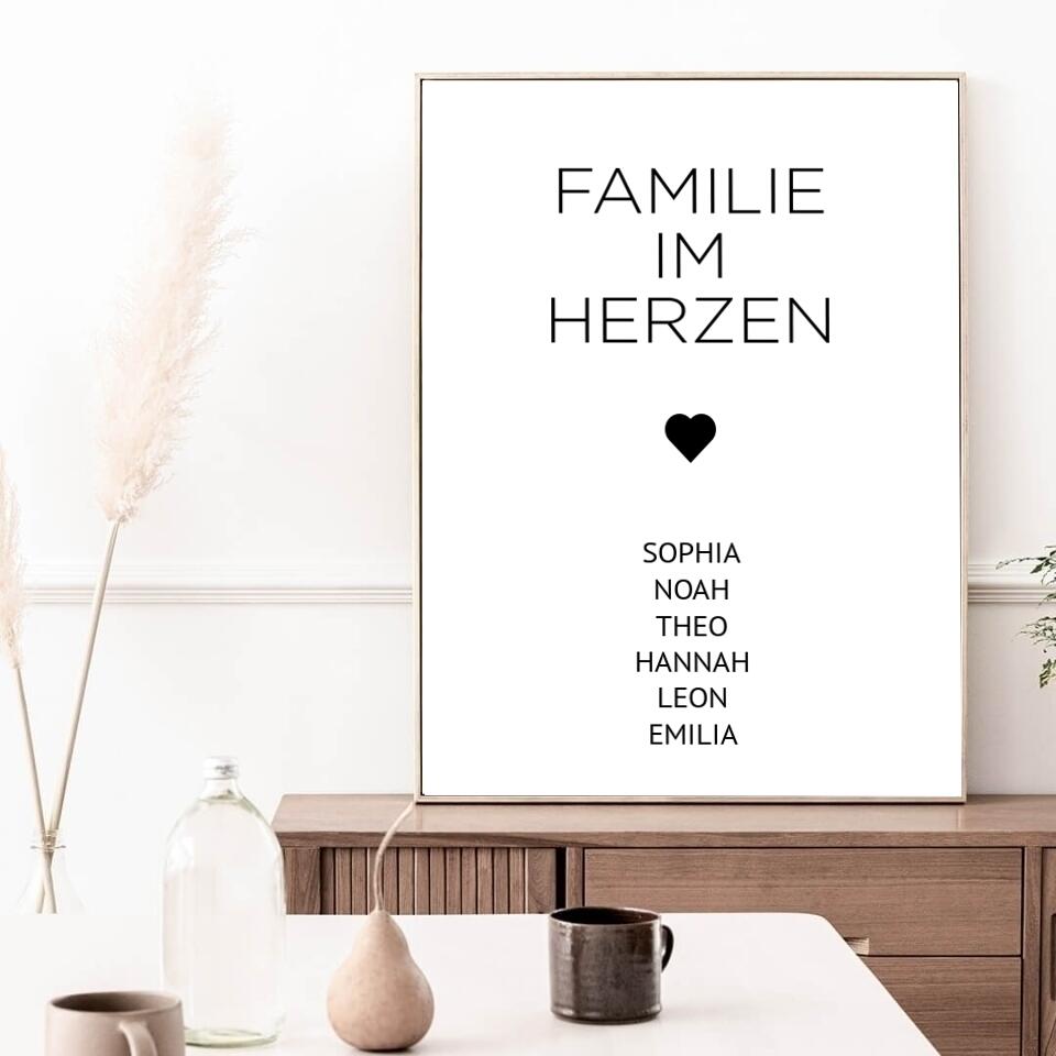 Familienposter Familie im Herzen | personalisierbares Poster mit Namen | Geschenk für Familie, Jahrestag, Valentinstag, Hausbau & Richtfest
