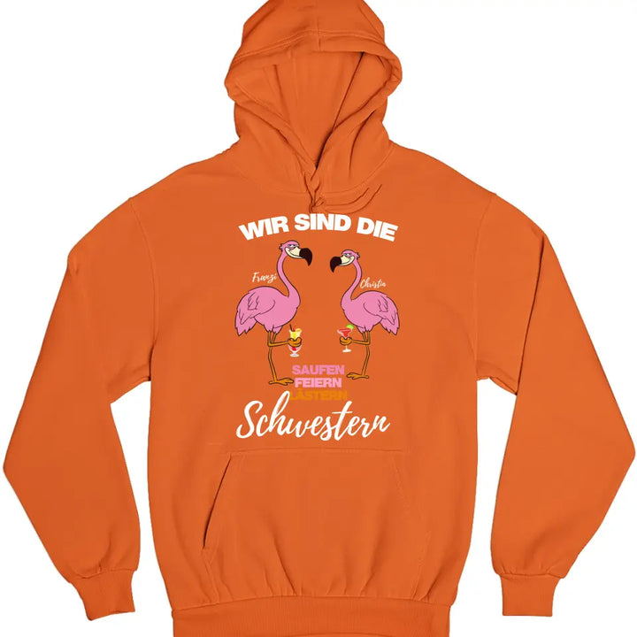 SAUFEN FEIERN LÄSTERN SCHWESTERN | FLAMINGO SHIRT MIT DEINEM NAMEN & DEINEM GETRÄNK| PARTY T-SHIRT INDIVIDUALISIERBAR/PERSONALISIERBAR