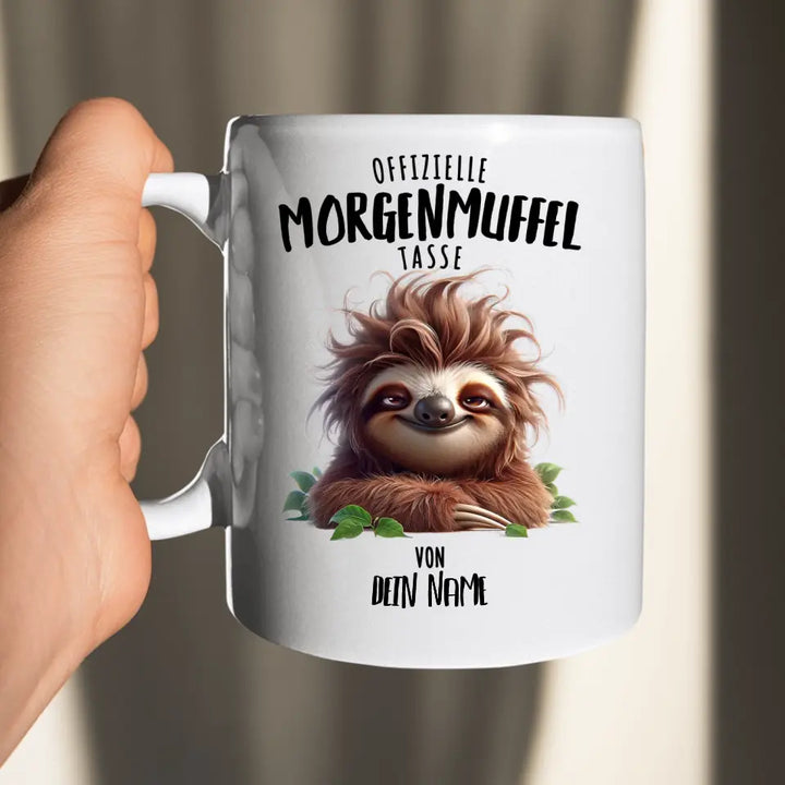 Offizielle Morgenmuffel Tasse - personalisierbare Tasse mit Name - Faultier, Einhorn, Pinguin, Bär