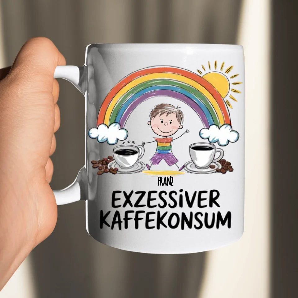 Exzessiver Kaffeekonsum - Tasse - personalisierbar mit Name, Spruch und lustiger Kinderzeichnung - Words on Shirts