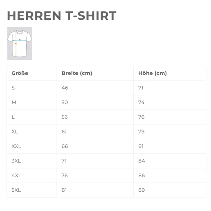 Größentabelle für das schwarze T-Shirt in S bis 5XL