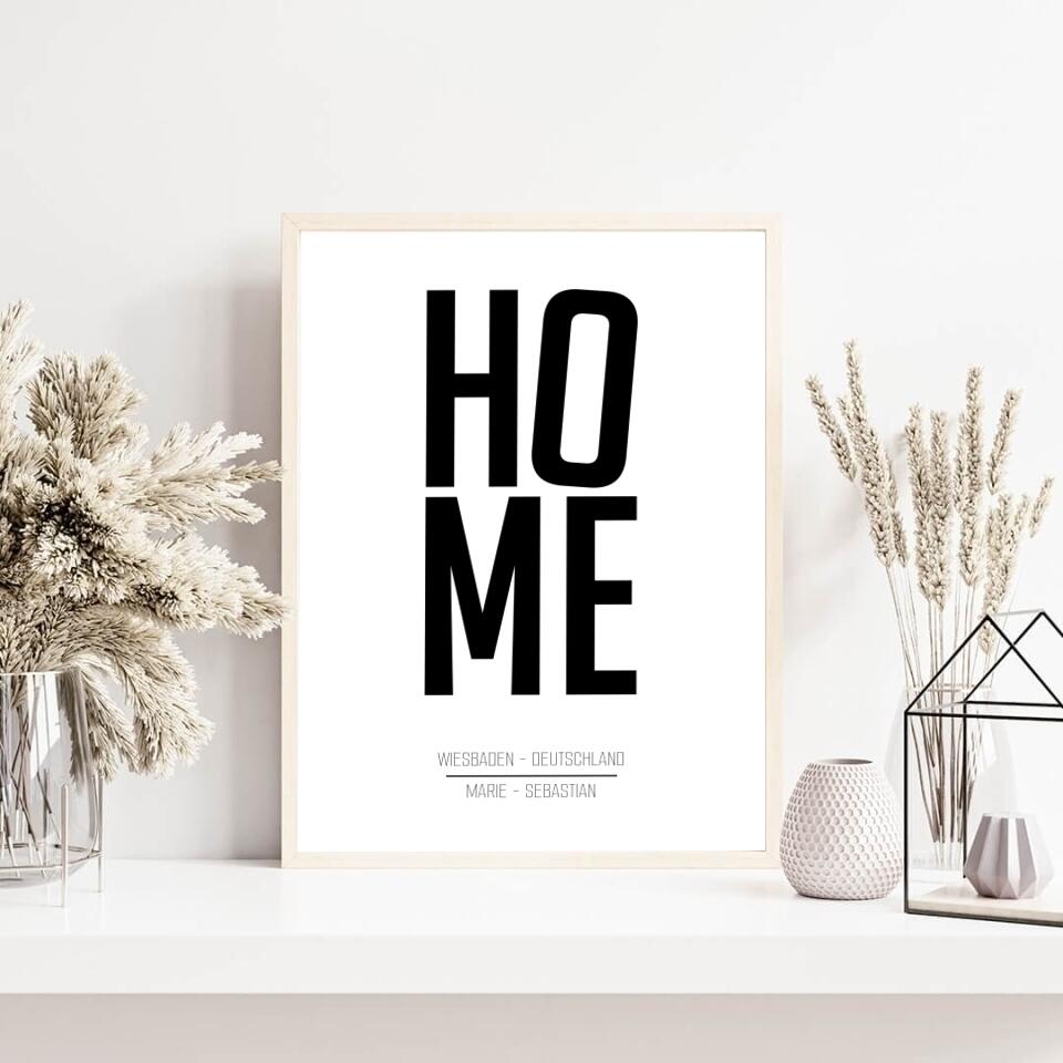 Familienposter HOME | personalisierbares Poster mit Namen, Stadt & Land | Geschenk für Paare, Familie, Jahrestag, Valentinstag, Hausbau & Richtfest