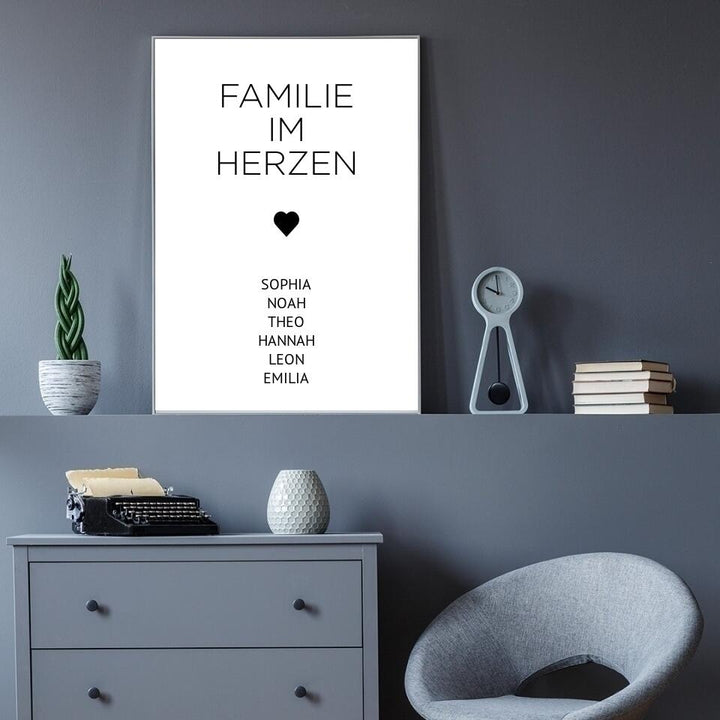 Familienposter Familie im Herzen | personalisierbares Poster mit Namen | Geschenk für Familie, Jahrestag, Valentinstag, Hausbau & Richtfest