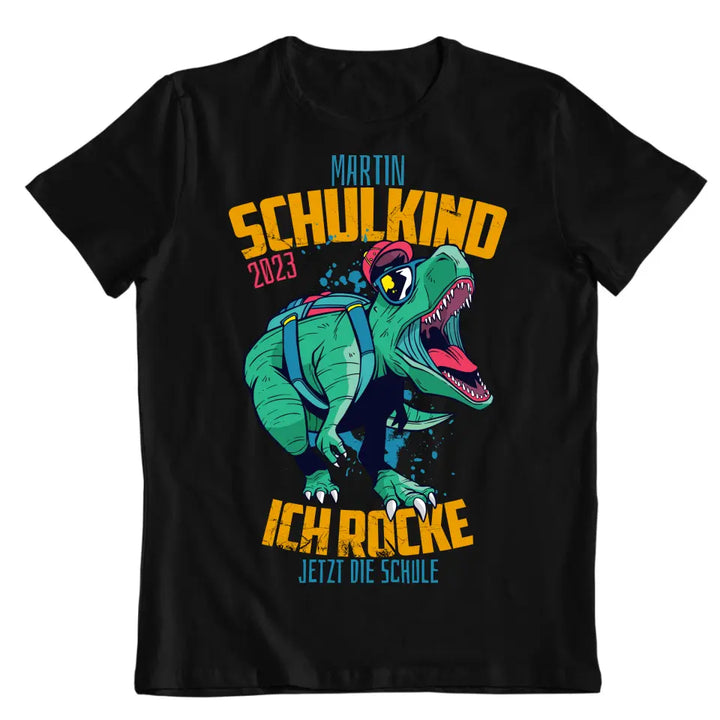 Ich rocke jetzt die Schule - Dino - Schulkind 2023 - Wunschname - Name individuell - Einschulung T-Shirt 2023