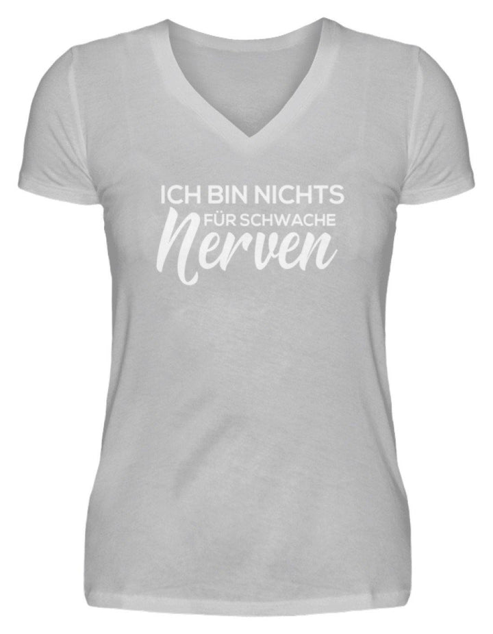 Nichts für Schwache Nerven  - V-Neck Damenshirt - Words on Shirts Sag es mit dem Mittelfinger Shirts Hoodies Sweatshirt Taschen Gymsack Spruch Sprüche Statement