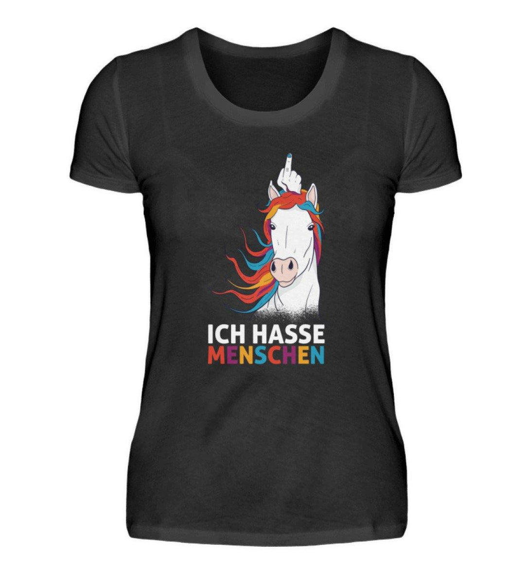 Einhorn hasse Menschen Words on Shirts  - Damen Premiumshirt - Words on Shirts Sag es mit dem Mittelfinger Shirts Hoodies Sweatshirt Taschen Gymsack Spruch Sprüche Statement