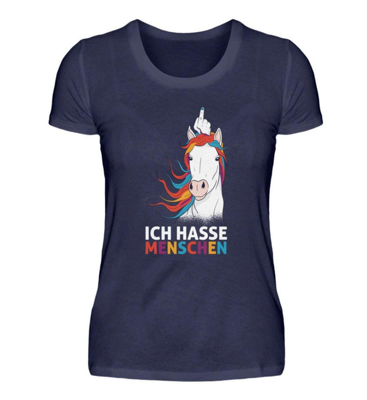 Einhorn hasse Menschen Words on Shirts  - Damen Premiumshirt - Words on Shirts Sag es mit dem Mittelfinger Shirts Hoodies Sweatshirt Taschen Gymsack Spruch Sprüche Statement