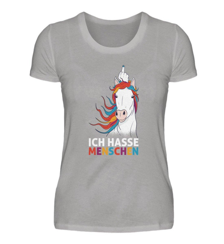 Einhorn hasse Menschen Words on Shirts  - Damen Premiumshirt - Words on Shirts Sag es mit dem Mittelfinger Shirts Hoodies Sweatshirt Taschen Gymsack Spruch Sprüche Statement