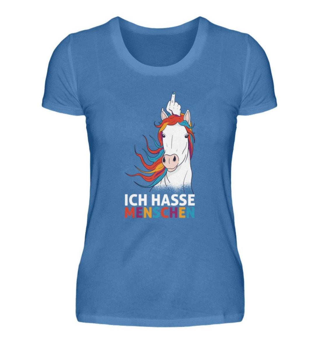 Einhorn hasse Menschen Words on Shirts  - Damen Premiumshirt - Words on Shirts Sag es mit dem Mittelfinger Shirts Hoodies Sweatshirt Taschen Gymsack Spruch Sprüche Statement