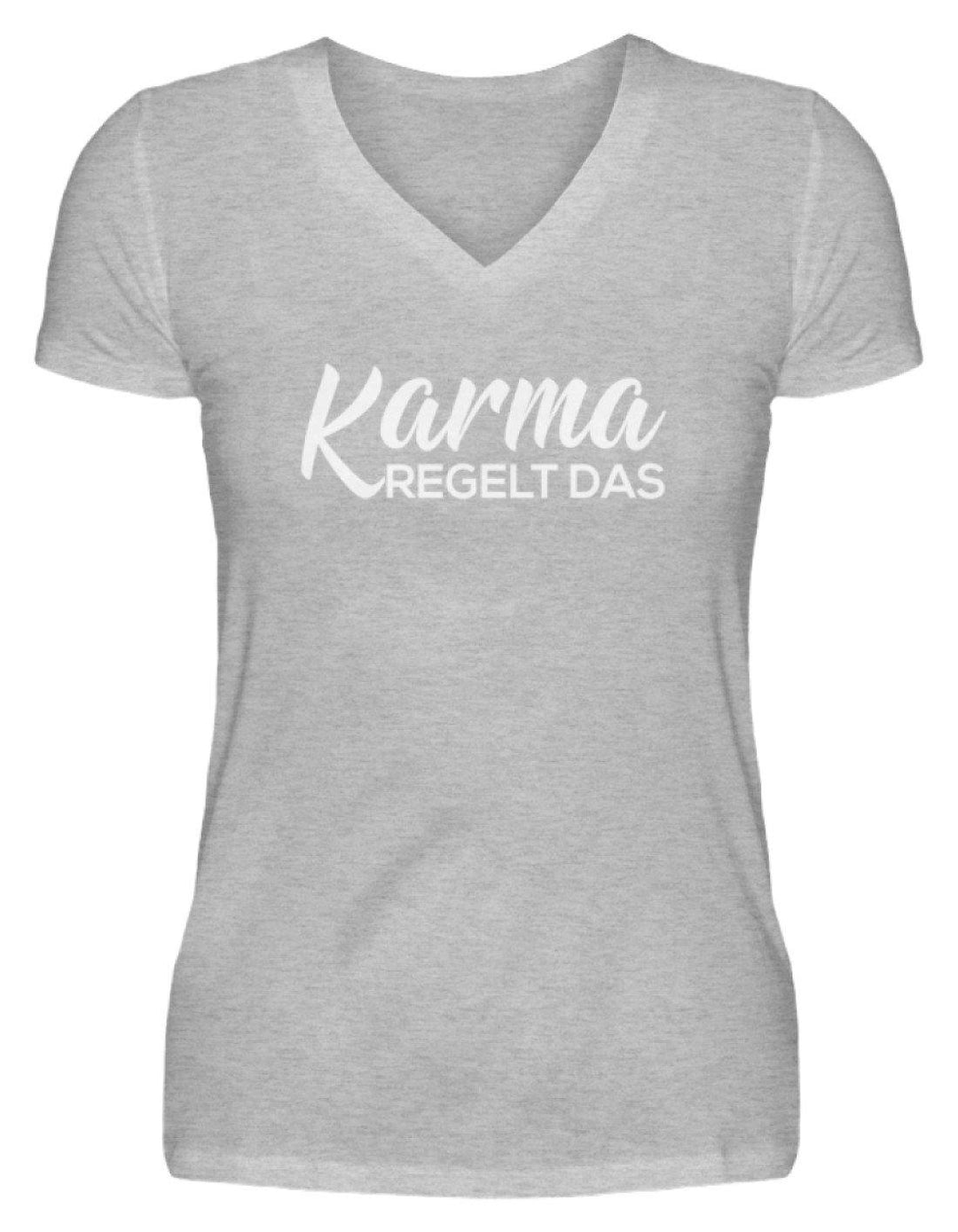Karma regelt das - Words on Shirts  - V-Neck Damenshirt - Words on Shirts Sag es mit dem Mittelfinger Shirts Hoodies Sweatshirt Taschen Gymsack Spruch Sprüche Statement