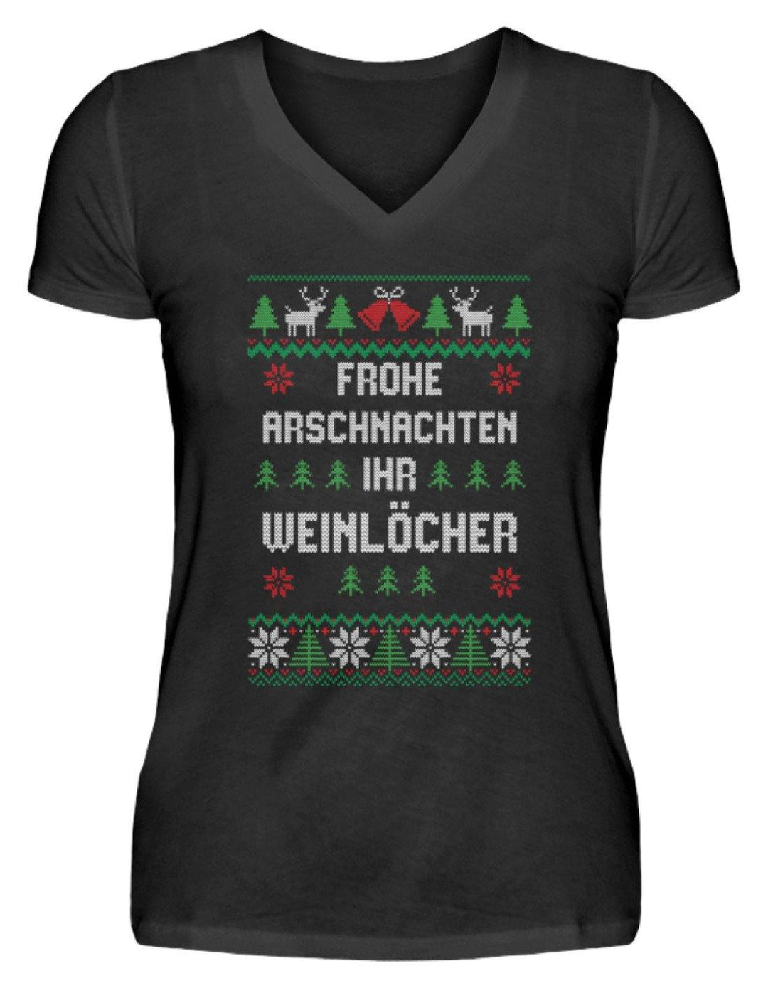 Frohe Arschnachten - Words on Shirts  - V-Neck Damenshirt - Words on Shirts Sag es mit dem Mittelfinger Shirts Hoodies Sweatshirt Taschen Gymsack Spruch Sprüche Statement