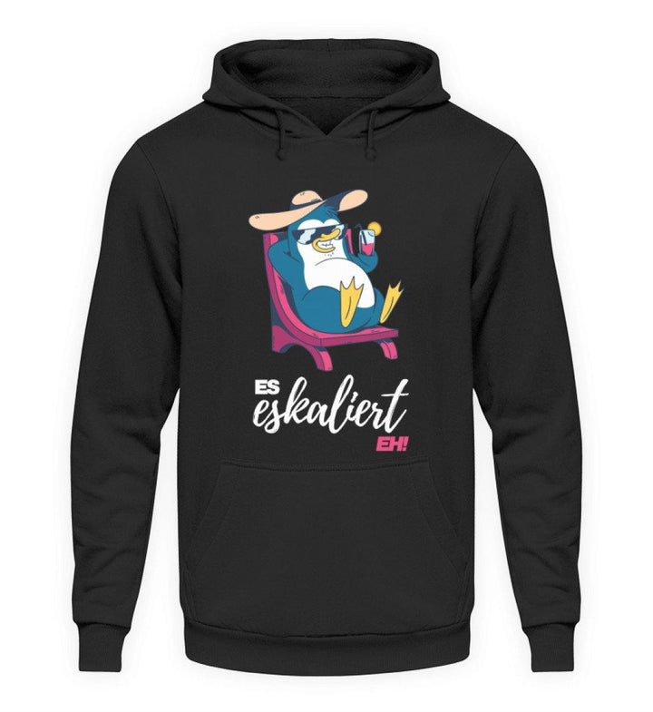 Es eskaliert eh - Pinguin Words on Shirts  - Unisex Kapuzenpullover Hoodie - Words on Shirts Sag es mit dem Mittelfinger Shirts Hoodies Sweatshirt Taschen Gymsack Spruch Sprüche Statement