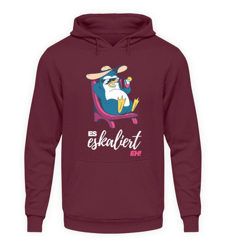 Es eskaliert eh - Pinguin Words on Shirts  - Unisex Kapuzenpullover Hoodie - Words on Shirts Sag es mit dem Mittelfinger Shirts Hoodies Sweatshirt Taschen Gymsack Spruch Sprüche Statement