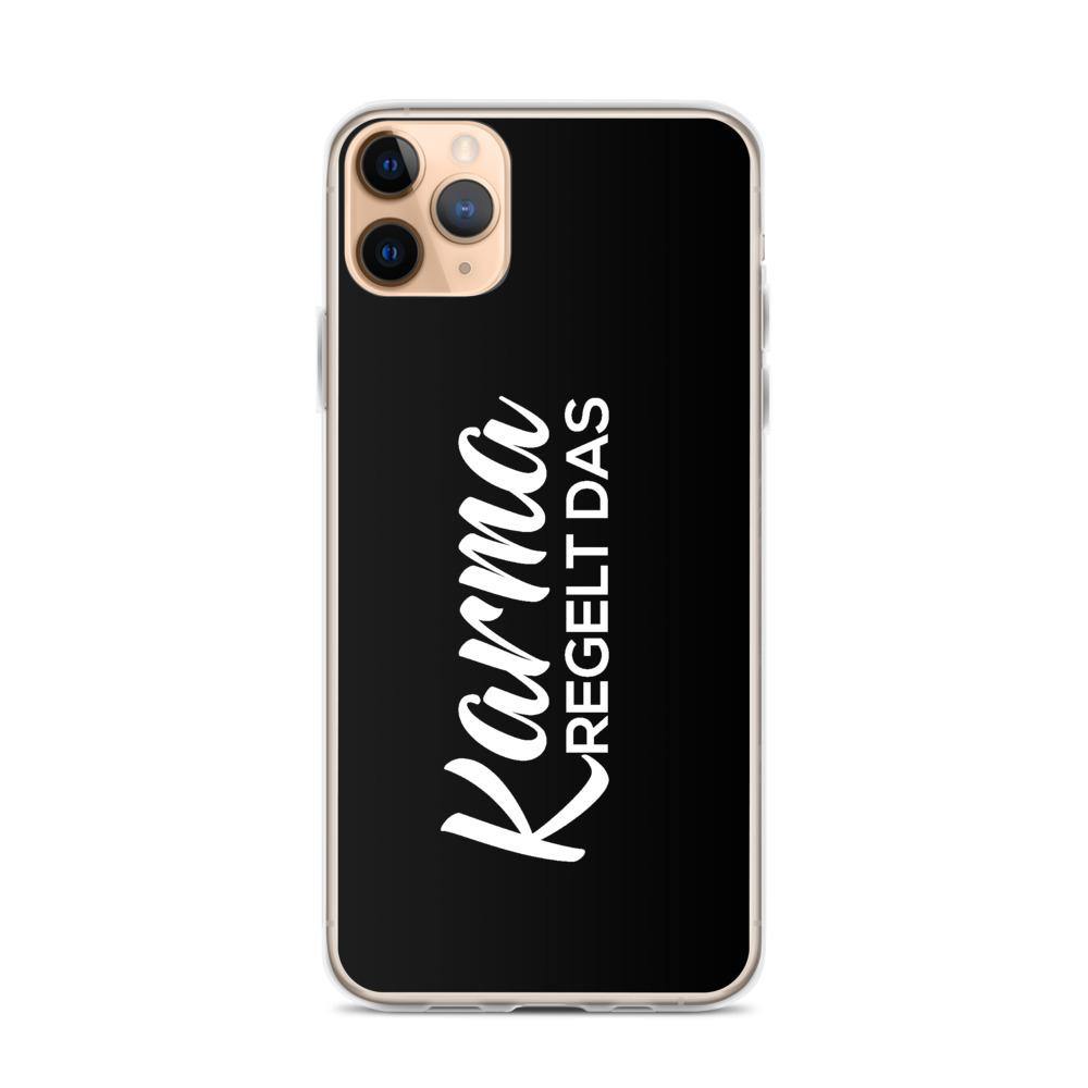 iPhone Hülle - Karma regelt das - Words on Shirts Sag es mit dem Mittelfinger Shirts Hoodies Sweatshirt Taschen Gymsack Spruch Sprüche Statement