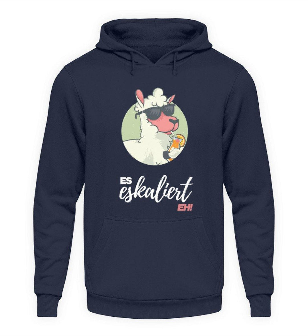 Es eskaliert eh - Lama - Words on Shirts  - Unisex Kapuzenpullover Hoodie - Words on Shirts Sag es mit dem Mittelfinger Shirts Hoodies Sweatshirt Taschen Gymsack Spruch Sprüche Statement